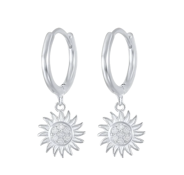 SUNNY - Silver Hoop Sunflower Earrings with Clear Gemstone Detailing
