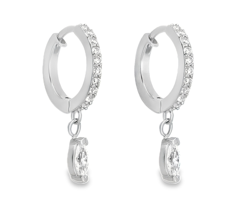A pair of Teall Silver Hoop Earrings with clear tear drop gemstone detailing, made from hypoallergenic sterling silver.