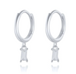 A pair of silver hoop earrings with clear rectangle gemstone drop pendants.