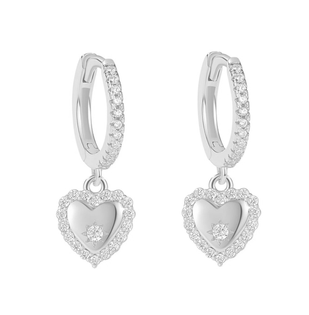 A pair of sterling silver heart-shaped earrings with clear gemstone detailing.