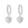 A pair of sterling silver heart-shaped earrings with clear gemstone detailing.
