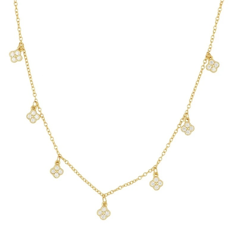 An 18k gold plated necklace with clear clover stone pendants.