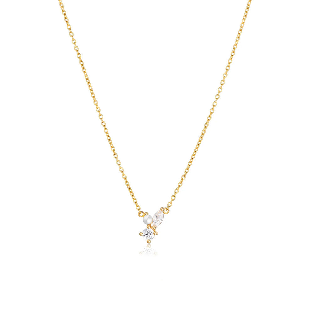 Teall Gold Chain Necklace with Pearl and Clear Stone Detailing