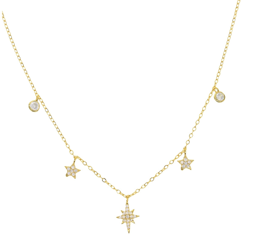 Gold Necklace with Multiple Star Pendants and Clear Gemstone Detailing by Teall