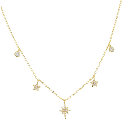 Gold Necklace with Multiple Star Pendants and Clear Gemstone Detailing by Teall