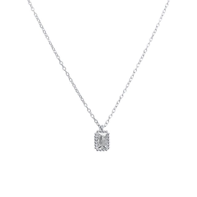 A sterling silver chain necklace with a clear rectangle gemstone pendant.