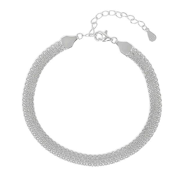 A silver bracelet with a chain link design, including a clasp for closure.