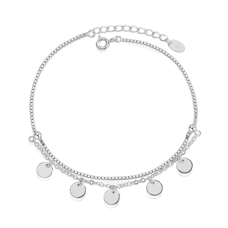 A silver round charm pendant bracelet with multiple charms linked together on a chain.