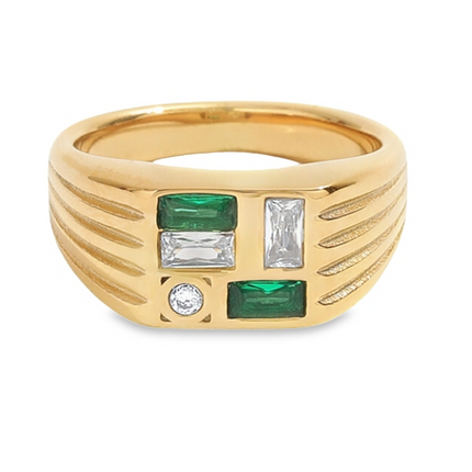 Teall Gold Signet Ring with Green and White Gemstone Detailing
