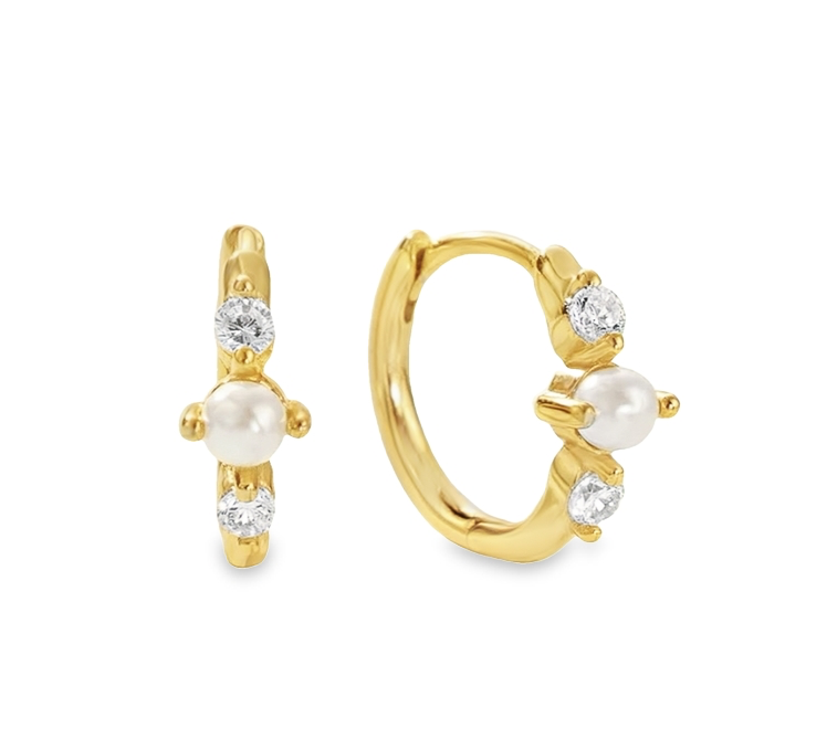 A pair of gold hoop earrings with pearl and clear stone detailing.