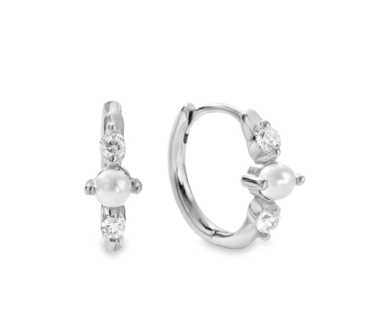 Teall Gold Huggie Hoop Earrings with Pearl and Clear Stone Detailing | Hypoallergenic