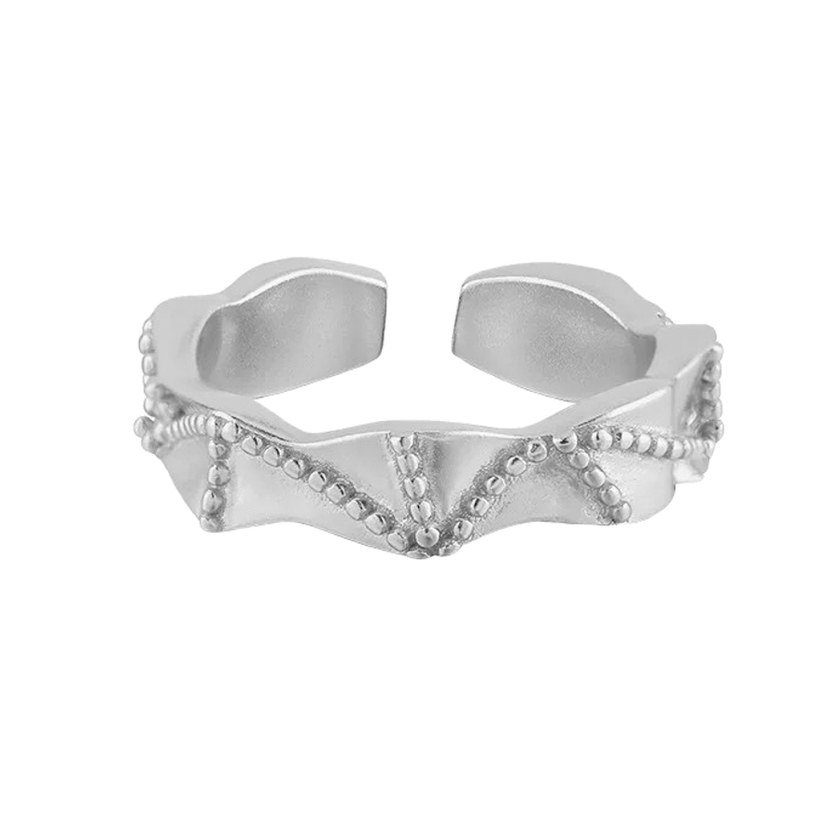 A sterling silver adjustable ring with a textured weave pattern, featuring a shiny finish and adorned with small diamonds.