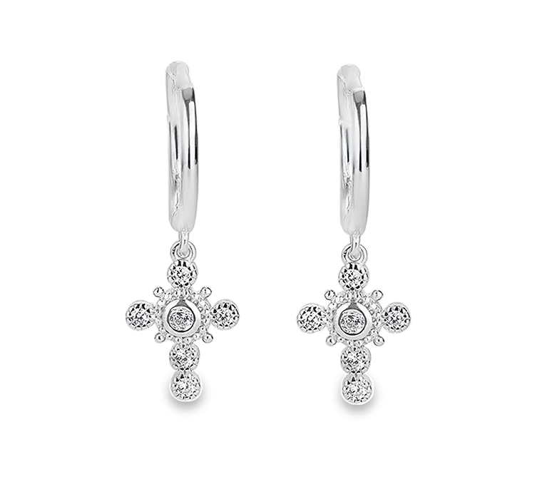 A pair of Teall silver cross hoop earrings with clear gemstone detailing.