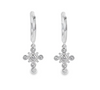 A pair of Teall silver cross hoop earrings with clear gemstone detailing.