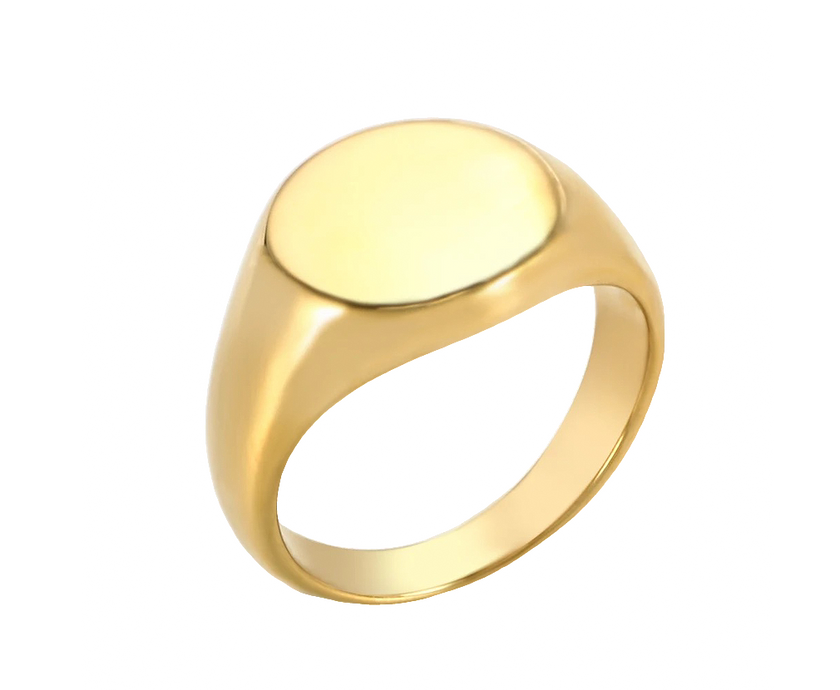A gold-plated round signet ring with a visible yellow gold top.