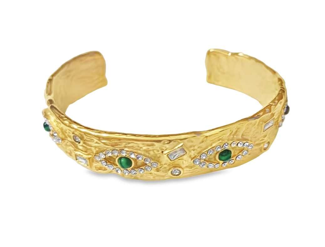 Teall Gold Cuff Bracelet with Green and Clear Stone Detail