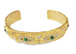 Teall Gold Cuff Bracelet with Green and Clear Stone Detail