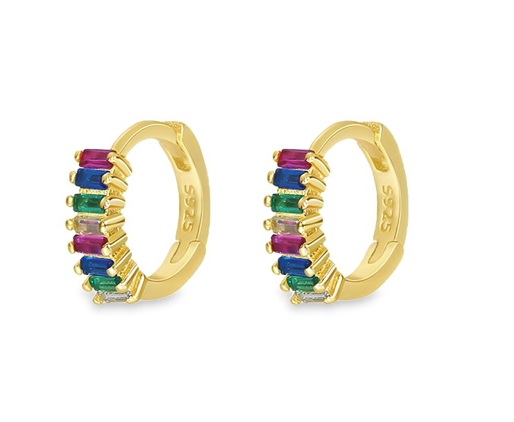 A pair of gold-colored huggie earrings with multi-color gemstone detailing.