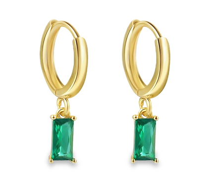 Teall Gold Hoop Earrings with Green Rectangle Drop Pendant l Hypoallergenic