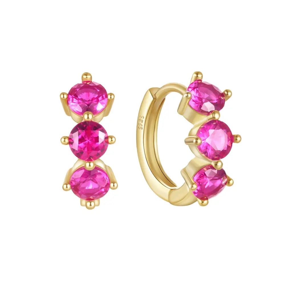 Teall Gold Huggie Hoop Earrings with Pink Gemstone Detailing l Hypoallergenic