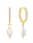 Hoop Earrings with Pearl Drop and Clear Gem Detailing by Teall