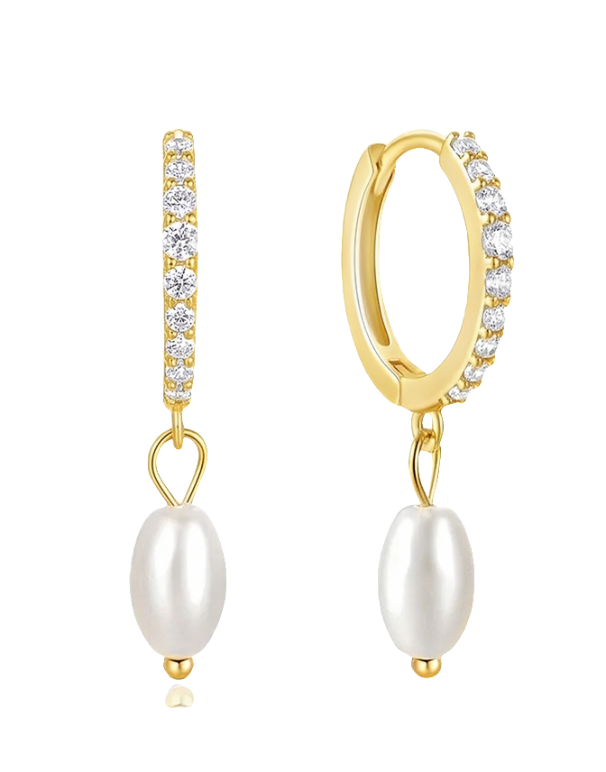 Hoop Earrings with Pearl Drop and Clear Gem Detailing by Teall