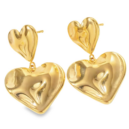 Gold Stud Statement Earrings with Drop Heart Pendant by Teall