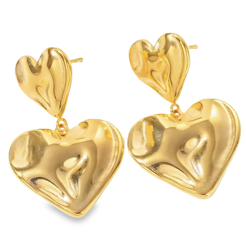 A pair of gold-plated stainless steel heart-shaped drop earrings with a puffed texture and stud closure.