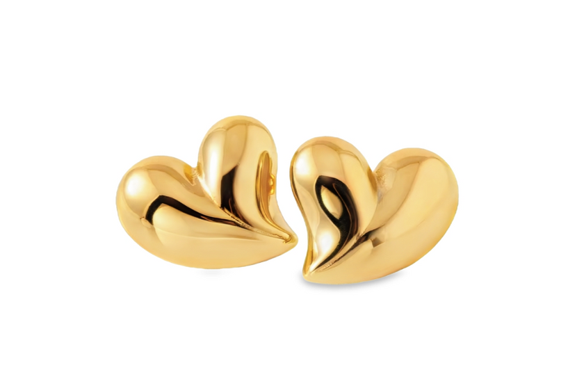 Love Heart Gold Statement Studs - Waterproof - Tarnish Free - Affordable - Durable 