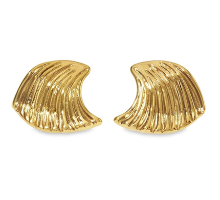 Gold Geometric Ribbed Statement Stud Earrings by Teall