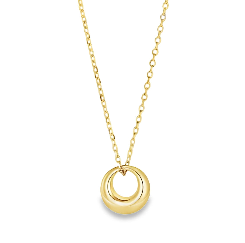 A gold necklace with a rounded geometric pendant on a white background.