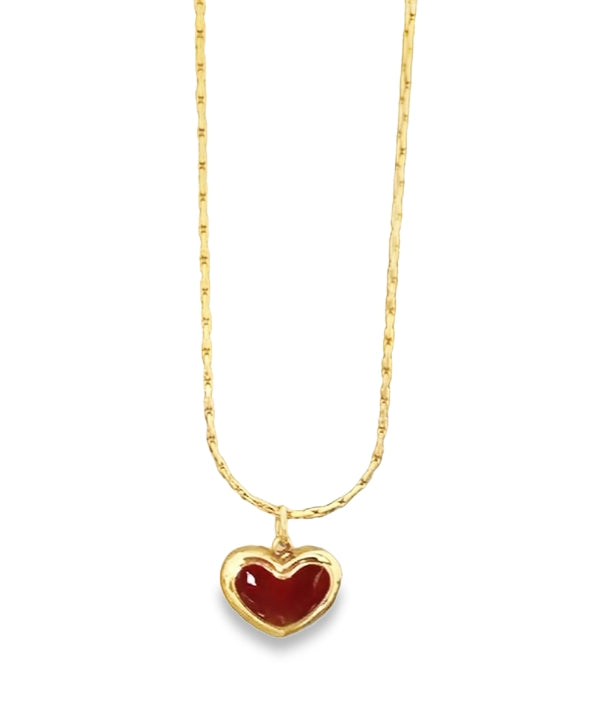 A red heart pendant necklace with a gold-plated chain.