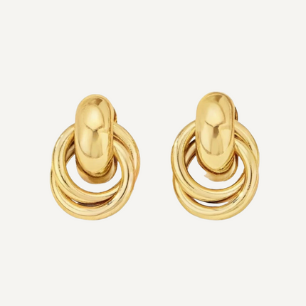 Pair of gold earrings on a light gray background