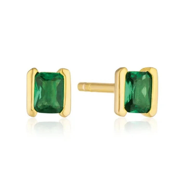 A pair of gold-colored stud earrings with green stone rectangular detailing.