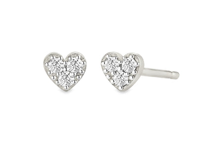 Teall Jewellery gold-plated heart-shaped stud earrings with sparkling stone clusters, dainty and elegant design on a white background.