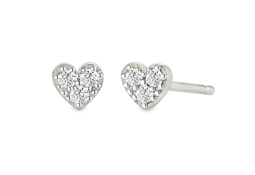 Teall Jewellery gold-plated heart-shaped stud earrings with sparkling stone clusters, dainty and elegant design on a white background.