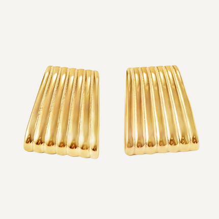 Teall Jewellery gold ribbed rectangular stud earrings with a sleek, sculptural design shown on a white background.
