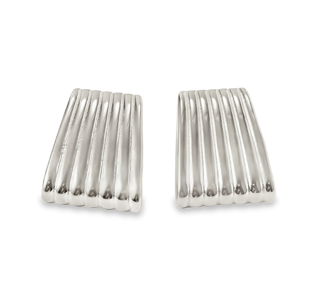 Teall Jewellery silver ribbed rectangular stud earrings with a sleek, sculptural design shown on a white background