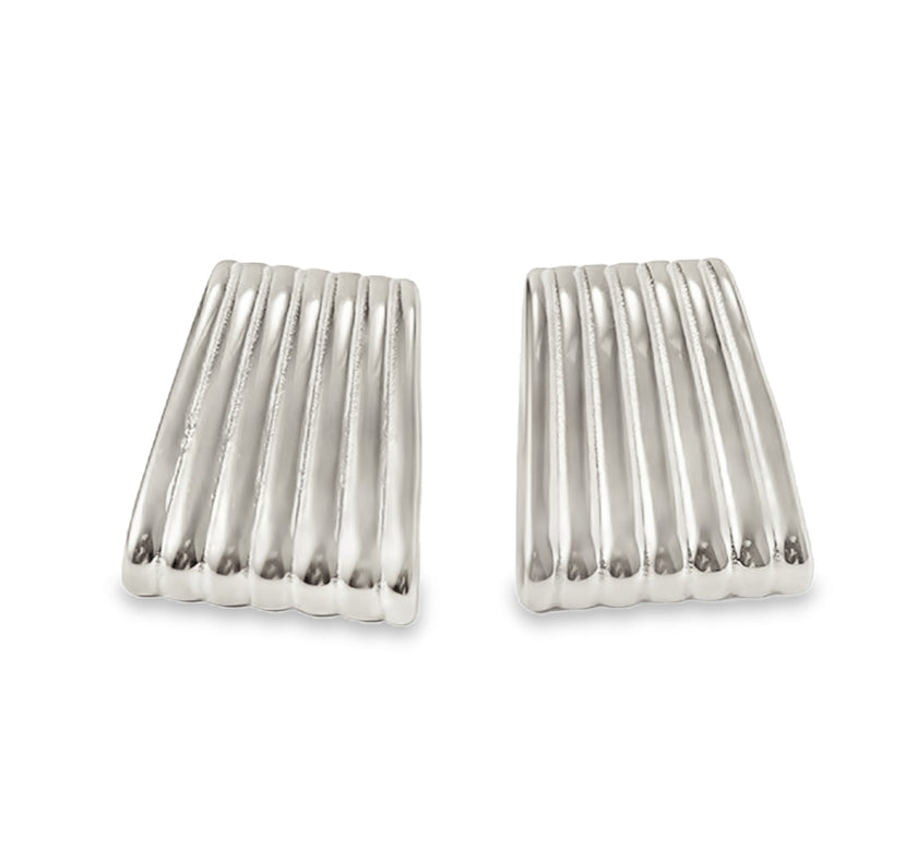 Teall Jewellery silver ribbed rectangular stud earrings with a sleek, sculptural design shown on a white background