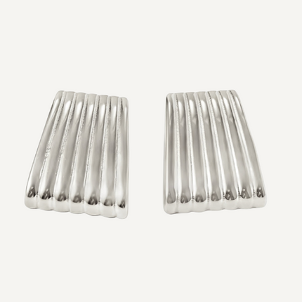 Teall Jewellery silver ribbed rectangular stud earrings with a sleek, sculptural design shown on a white background