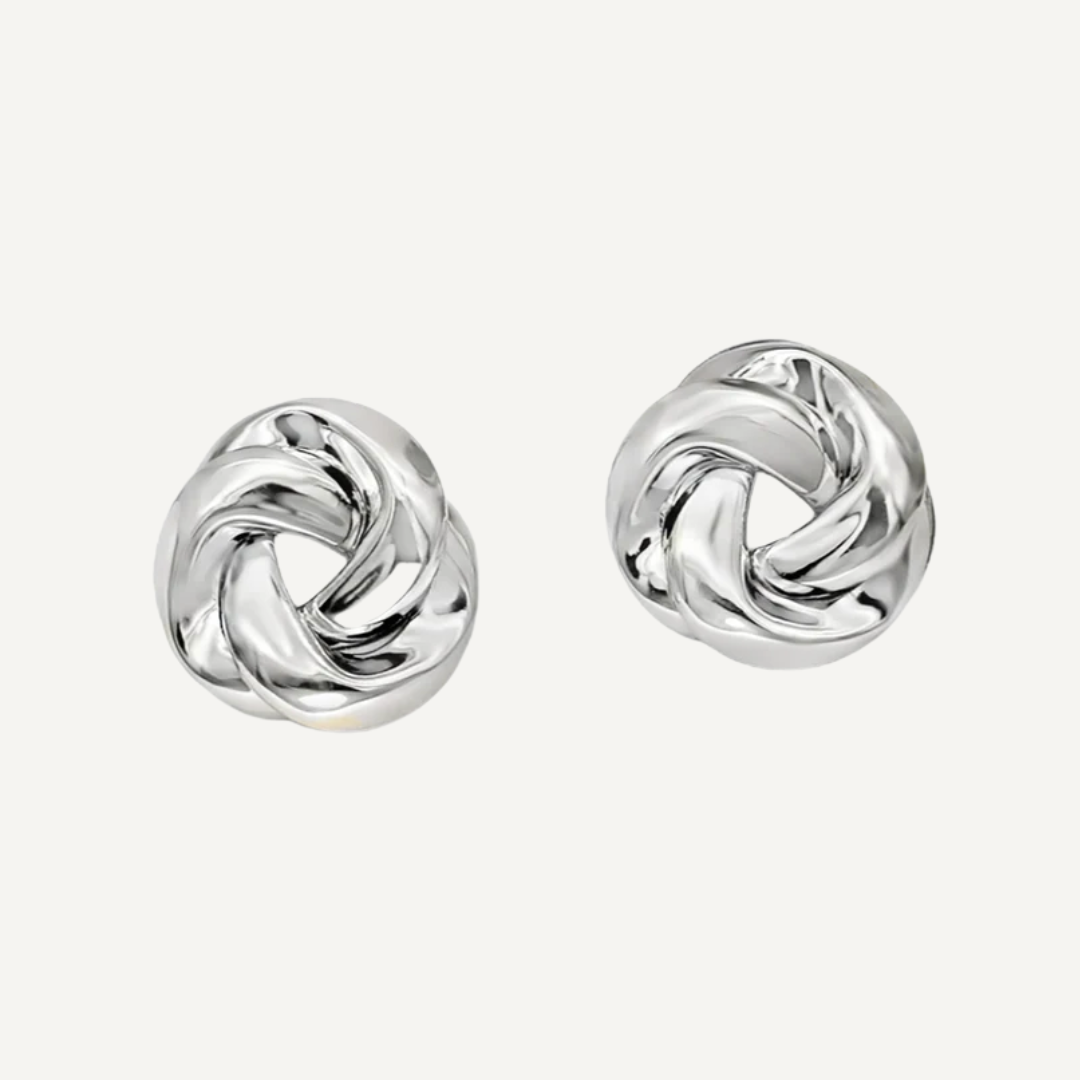 Sterling silver knot stud earrings by Teall Jewellery, minimalist intertwined design ideal for everyday wear or gifting.
