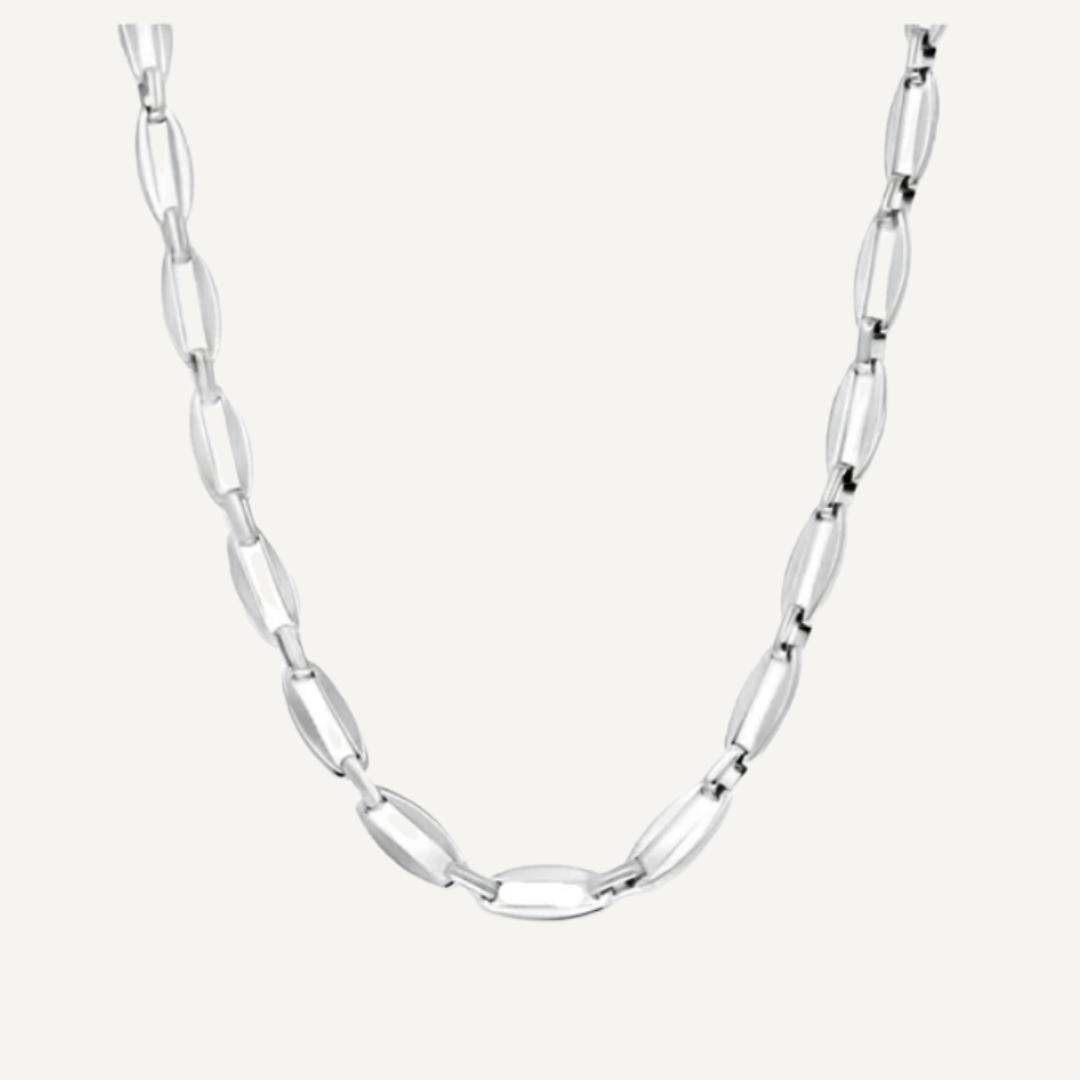 Teall Jewellery sterling silver oval-link chain necklace with polished elongated links, minimalist design displayed on a white background
