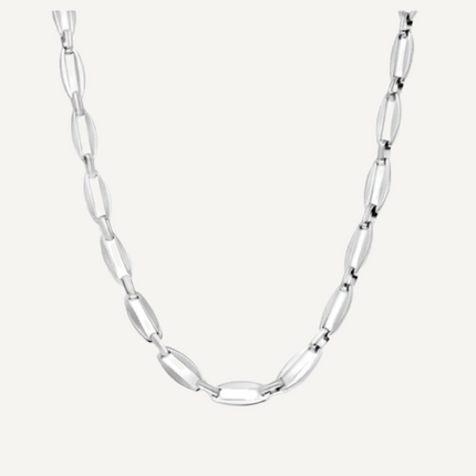 Teall Jewellery sterling silver oval-link chain necklace with polished elongated links, minimalist design displayed on a white background