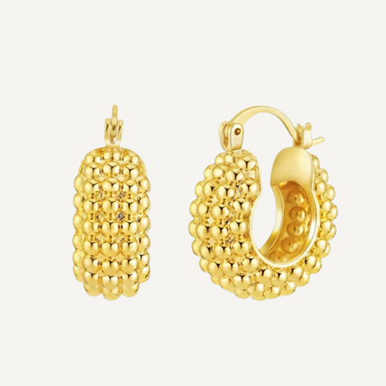 Teall Jewellery 18k gold bubble hoop earrings with textured rounded design and secure clasp, displayed on a white background
