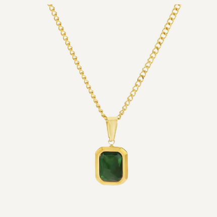 Teall Jewellery gold necklace with rectangular green gemstone pendant on a sleek gold chain, elegant and modern design displayed on a white background