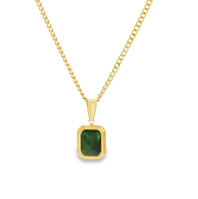A green gemstone pendant necklace set in gold, displayed on a plain background.