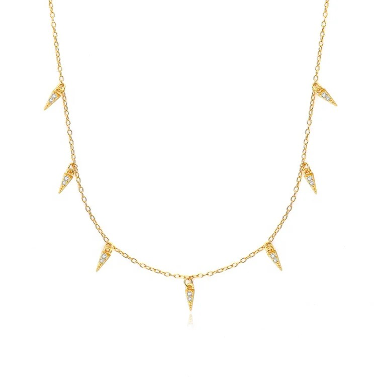 Teall Jewellery gold necklace featuring small clear stone triangle pendants evenly spaced along a fine chain, minimalist and elegant design on a white background