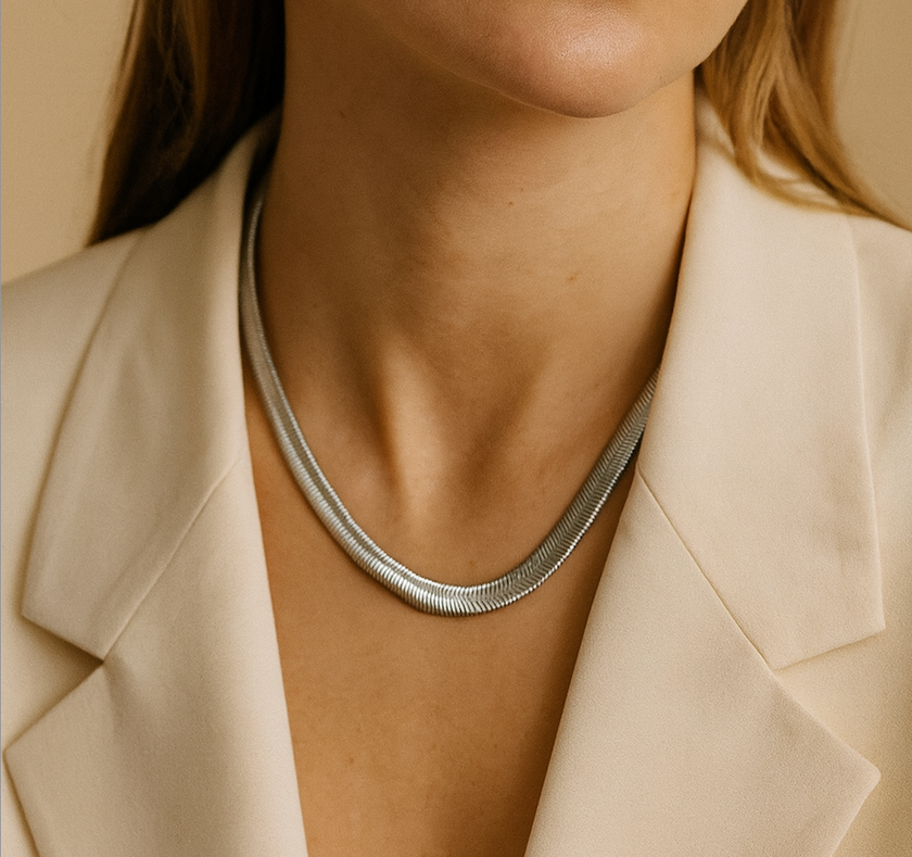 Teall Jewellery sterling silver snake chain necklace with smooth, polished finish, minimalist and elegant design displayed on a white background