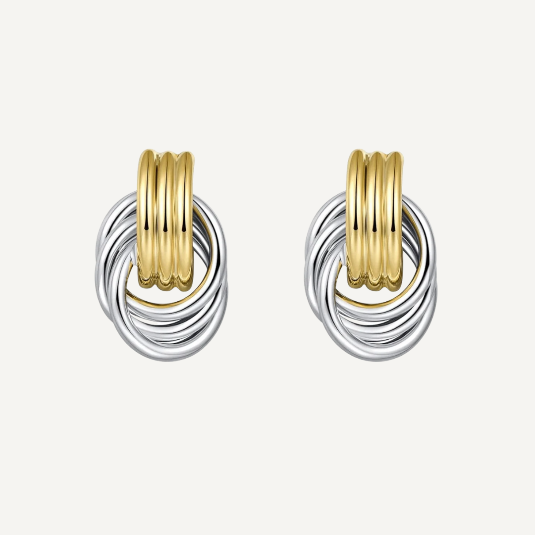 Catherine Earrings by Teall — two-tone knot stud earrings in gold and silver, elegant and versatile design for everyday wear.