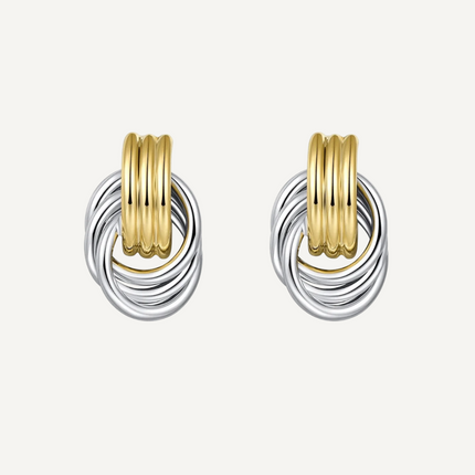 Catherine Earrings by Teall — two-tone knot stud earrings in gold and silver, elegant and versatile design for everyday wear.